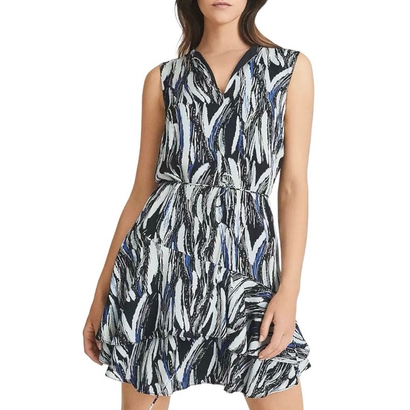 Reiss Dresses & Skirts - Reiss Dress Women's Size 6 US Black Blue Grey Abstract Ruffle Sleeveless Mini